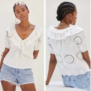 Anthropologie Forever That Girl Eyelet Ruffle Wrap White Blouse Top Shirt XS